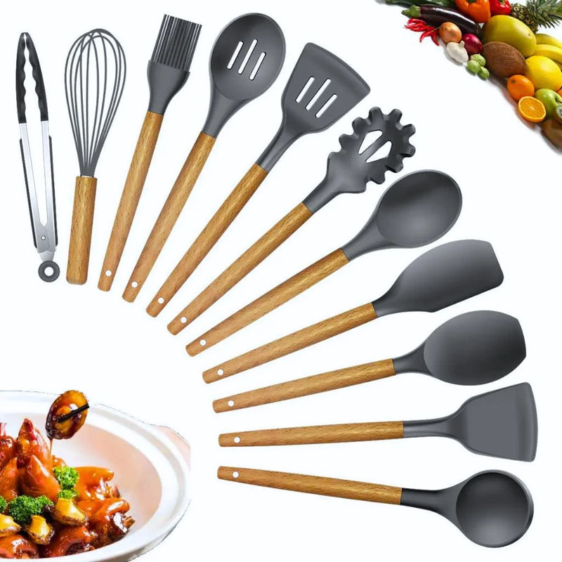 KIT de Utensílios Para Cozinha em Silicone e Bambu 12 Peças