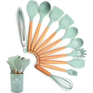 KIT de Utensílios Para Cozinha em Silicone e Bambu 12 Peças